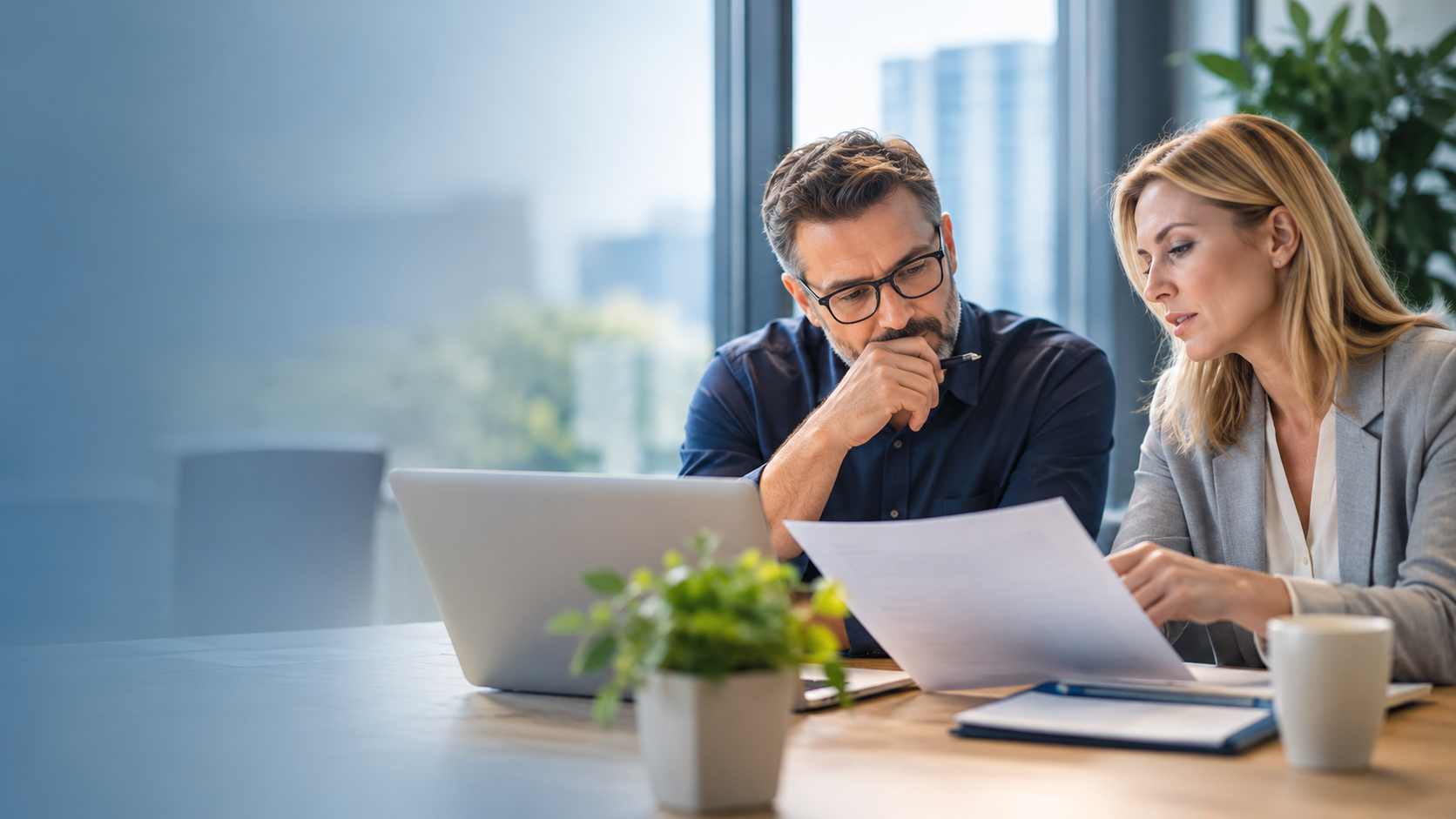 Two coworkers reviewing documents at a table with a laptop in a bright office, one pointing thoughtfully