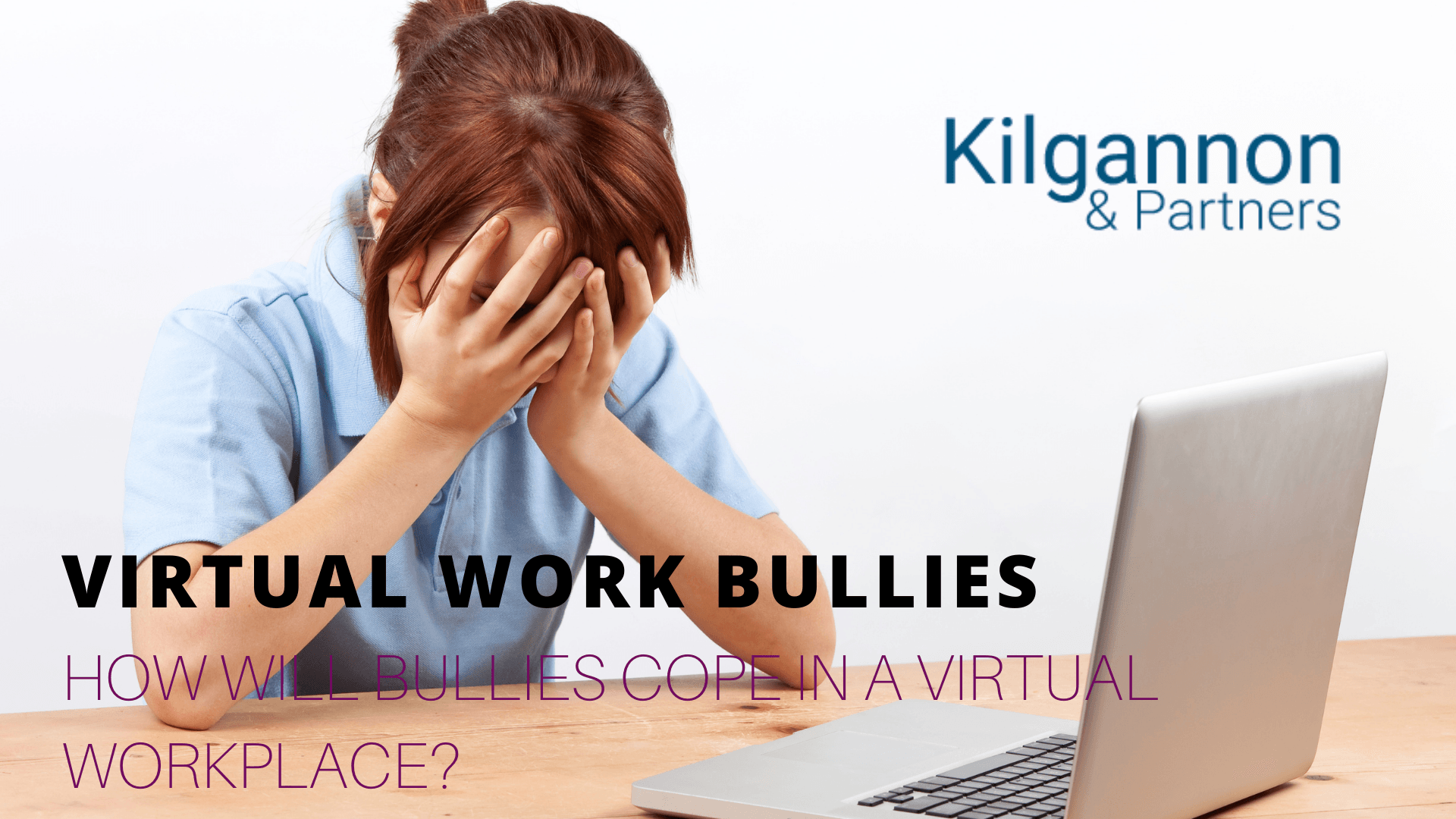 A person sits at a desk with their head in their hands next to a laptop, under the text 