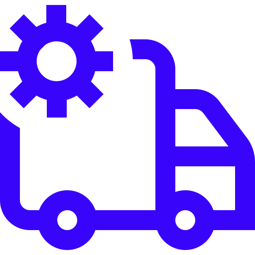 A blue truck with a gear on top of it.