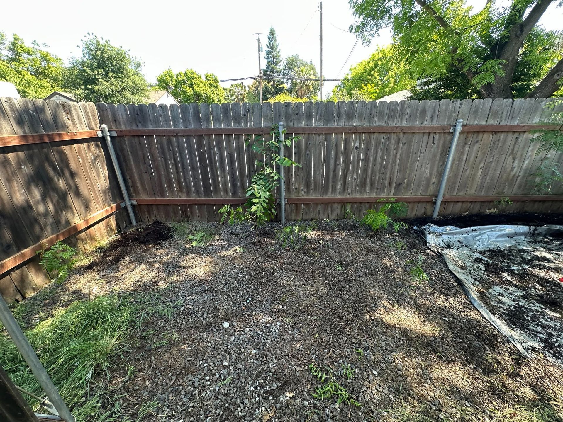 Hoarder Cleanout in Butte County, CA — after: backyard with weathered wooden fence and dirt ground