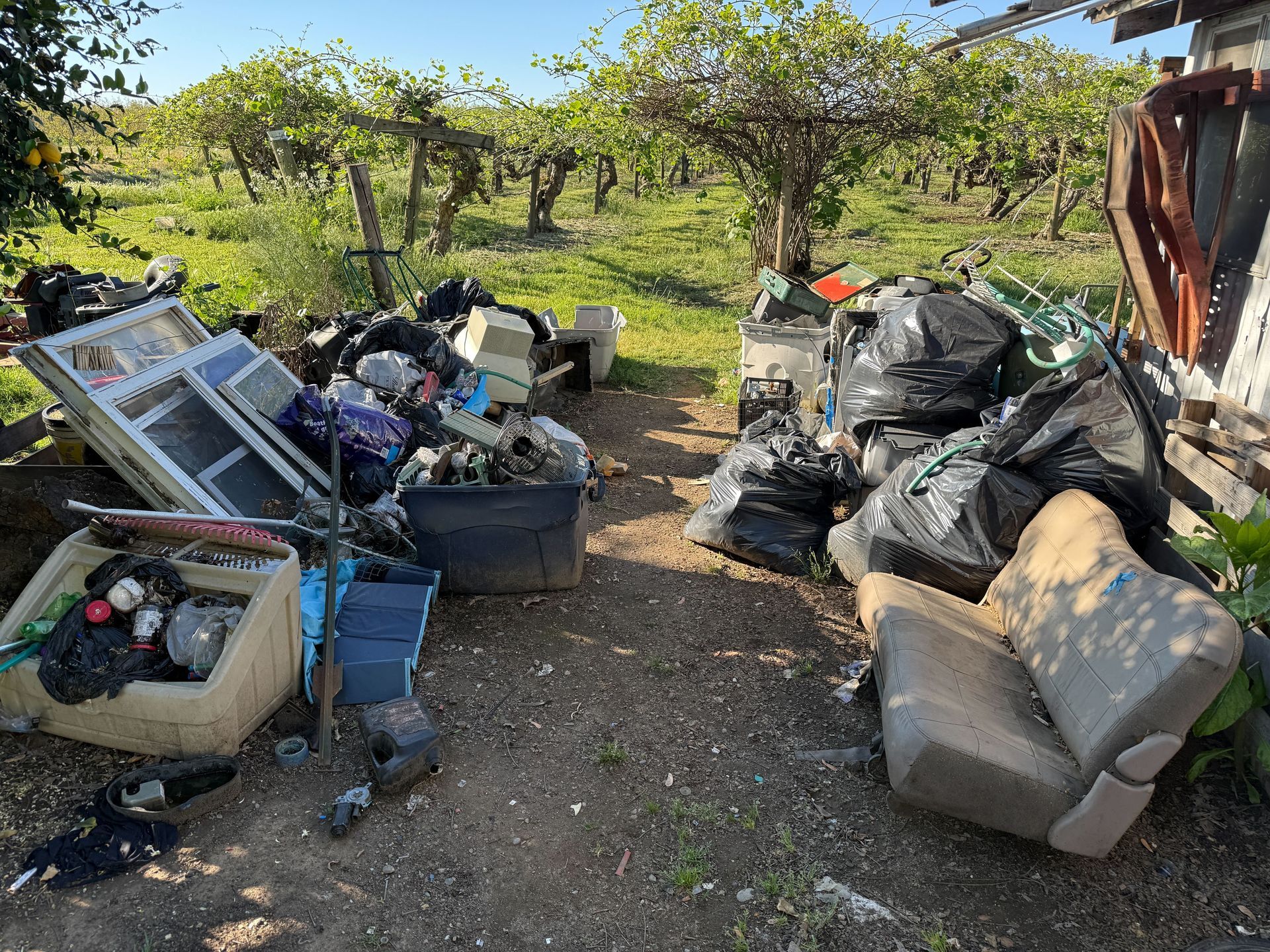 Hoarder cleanout in Gridley, CA — before: yard with piles of junk, black garbage bags and old furniture
