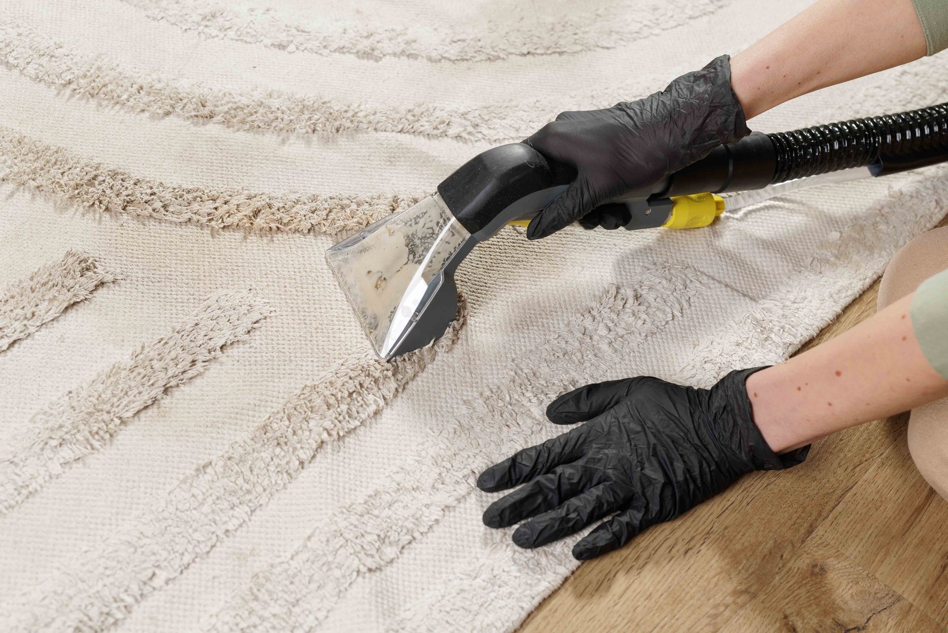 Person steam-cleans a white carpet with a handheld vacuum attachment, wearing black gloves. Person steam-cleans a white carpet with a handheld vacuum attachment, wearing black gloves.