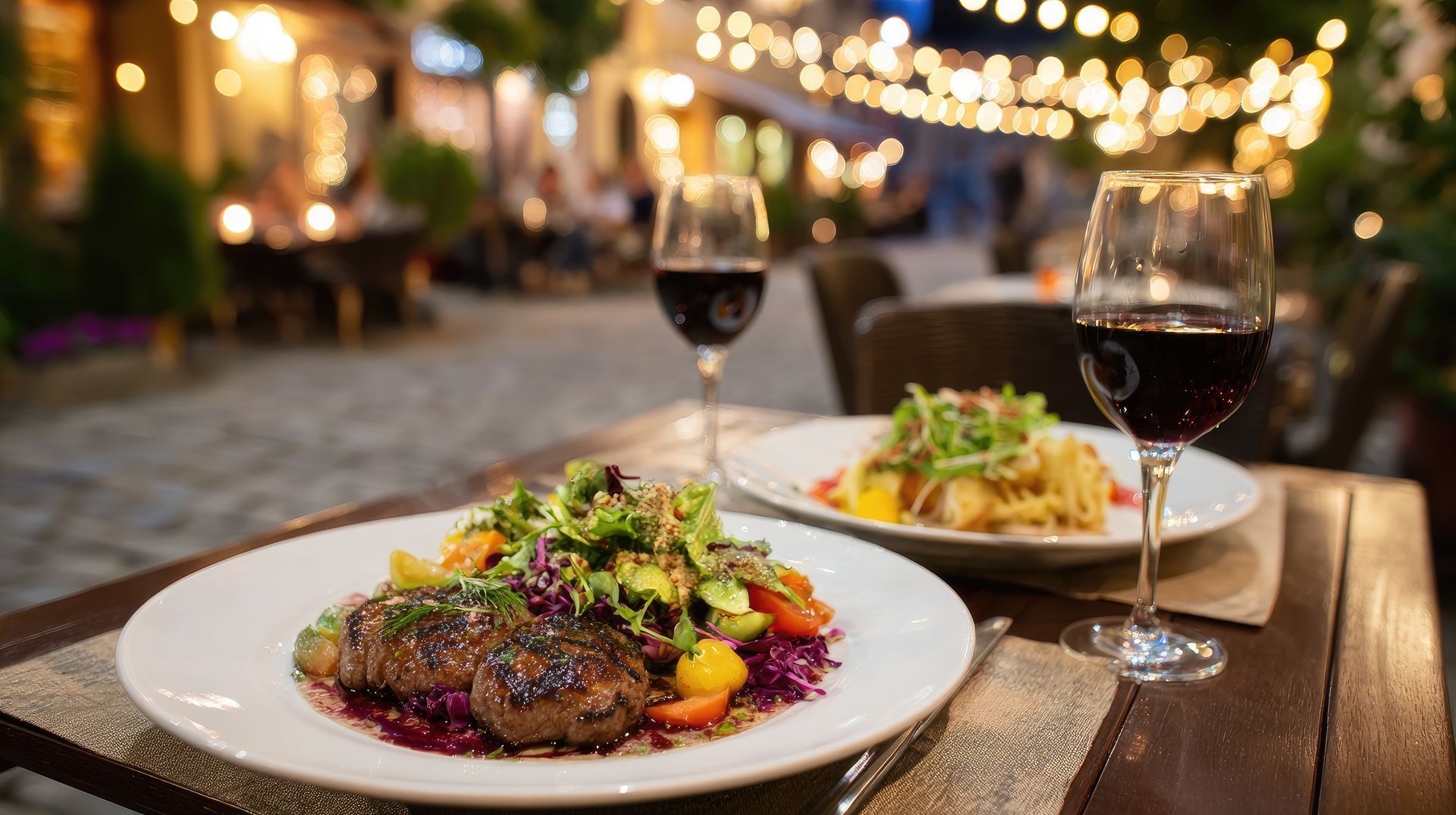 Plated gourmet dinner with red wine glasses on an outdoor table at dusk, with string lights in the background