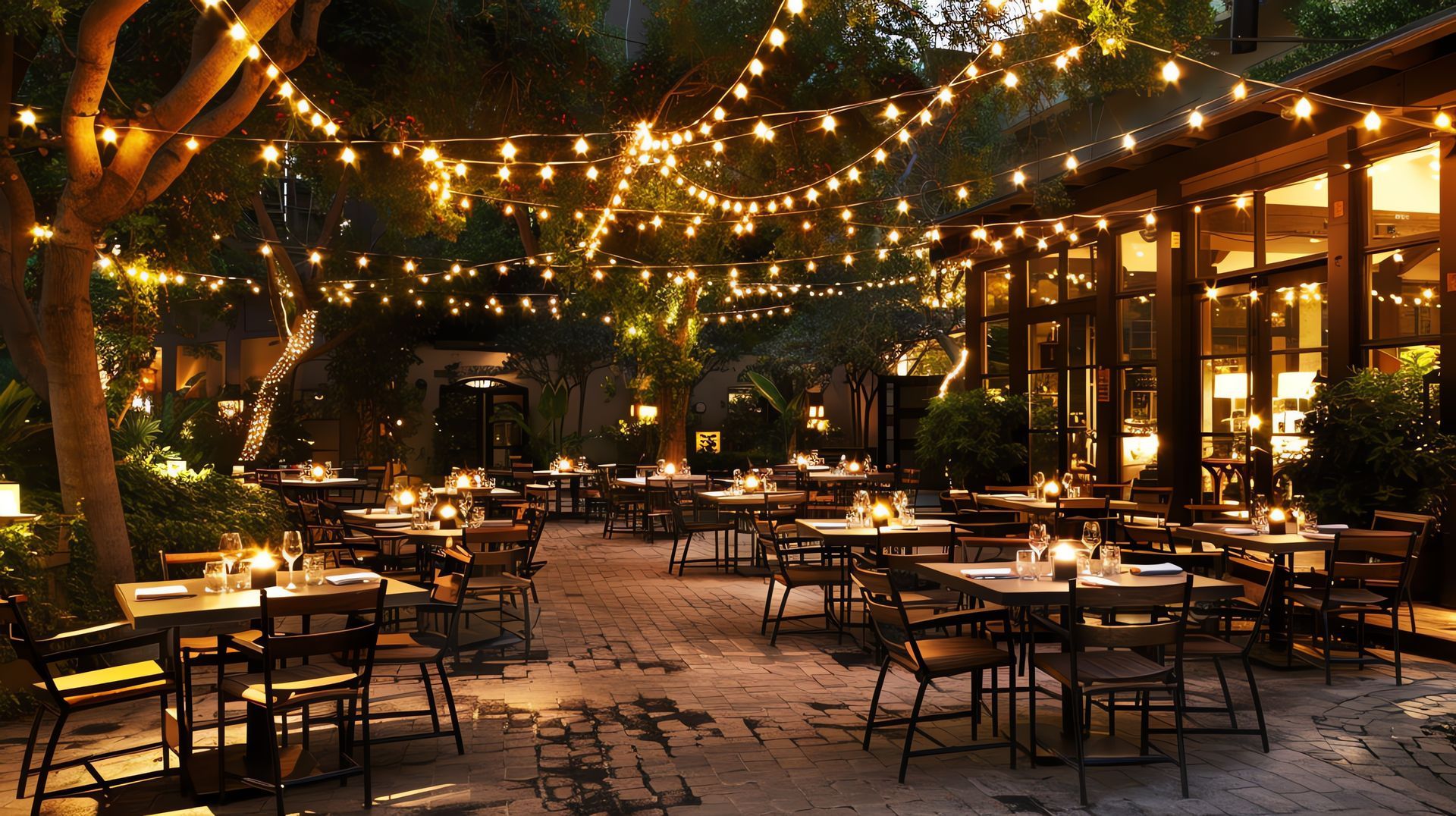 Twinkling string lights over an empty outdoor café patio with tables and chairs at dusk