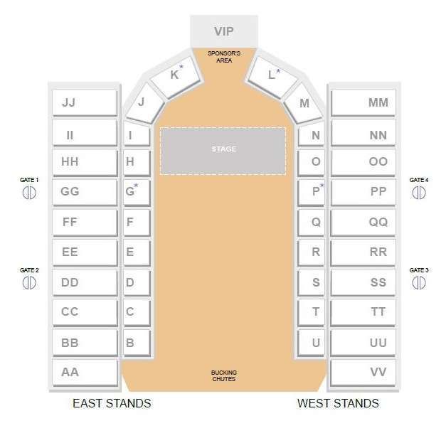 Seating chart of a venue. Sections include East and West stands and VIP area near the stage.