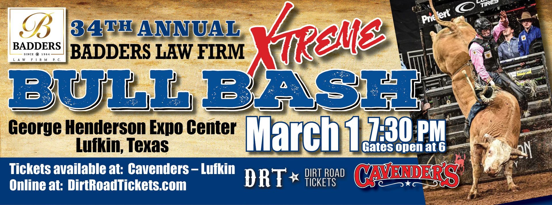 Poster for 34th Annual Badders Law Firm Bull Bash at George Henderson Expo Center in Lufkin, Texas. March 1, 7:30 PM.