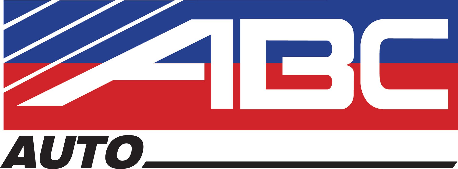 Logo for ABC Auto, featuring white text on a red and blue background.