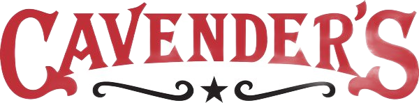 Cavender's logo in red letters with a decorative black line and star underneath.