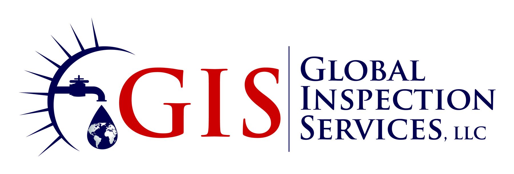 Logo for Global Inspection Services, LLC. Features a tap dripping water with a world globe inside the drop. 