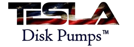 Tesla Disk Pumps logo with a US flag design in the letters.