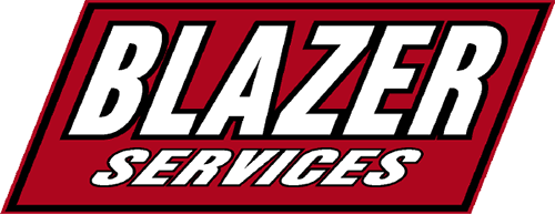 Blazer Services logo in white text on a tilted red rectangle with a black border.