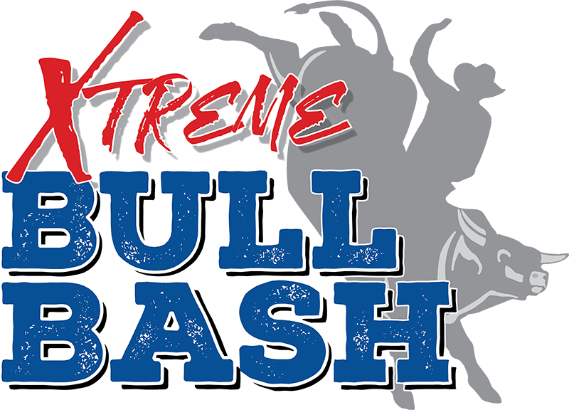 Xtreme Bull Bash logo: Cowboy riding bucking bull, red and blue text.