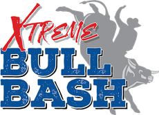Xtreme Bull Bash logo: Cowboy riding bucking bull, red and blue text.