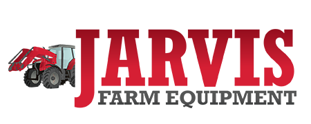 Logo for Jarvis Farm Equipment, red text and tractor.