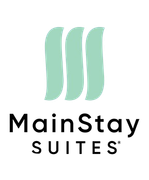 Logo for MainStay Suites: three light teal curved lines above black text