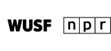 A black and white logo for wusf and npr on a white background.