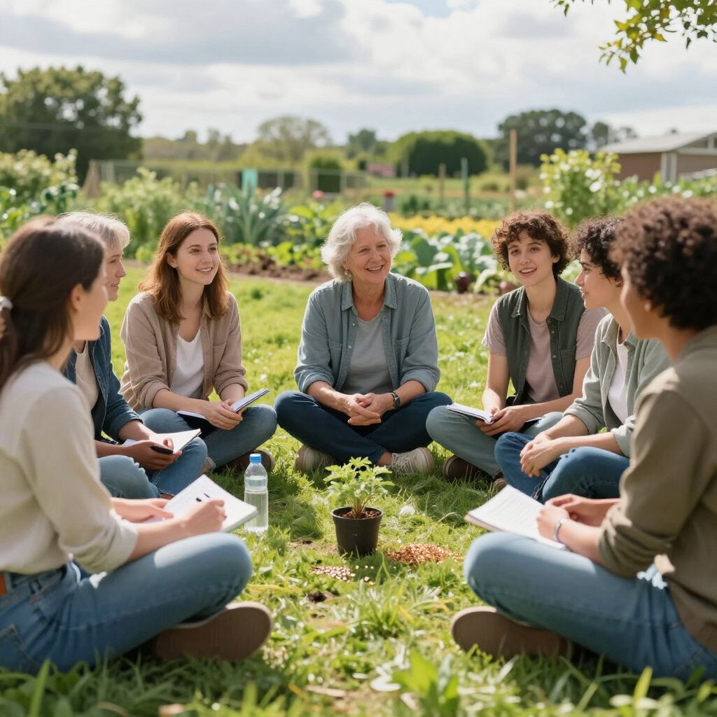 A group sits in a circle outdoors, taking notes near a small potted plant, in a garden setting.