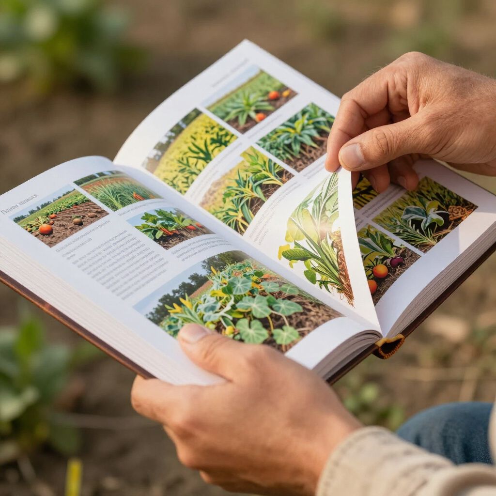 Person holding an open book with plant illustrations, outdoors in a garden or field setting, about to turn a page.