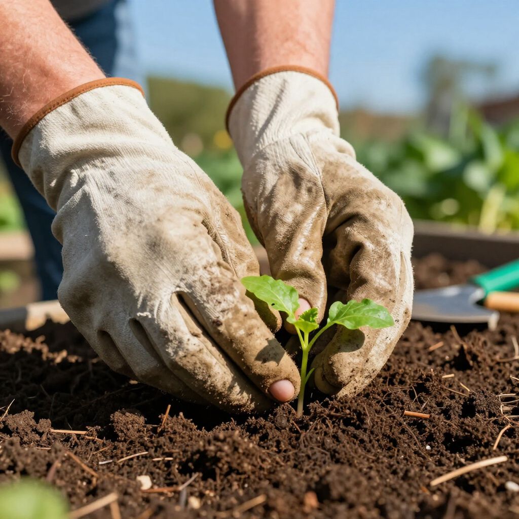 Hands in gardening gloves planting a small seedling in dark soil.