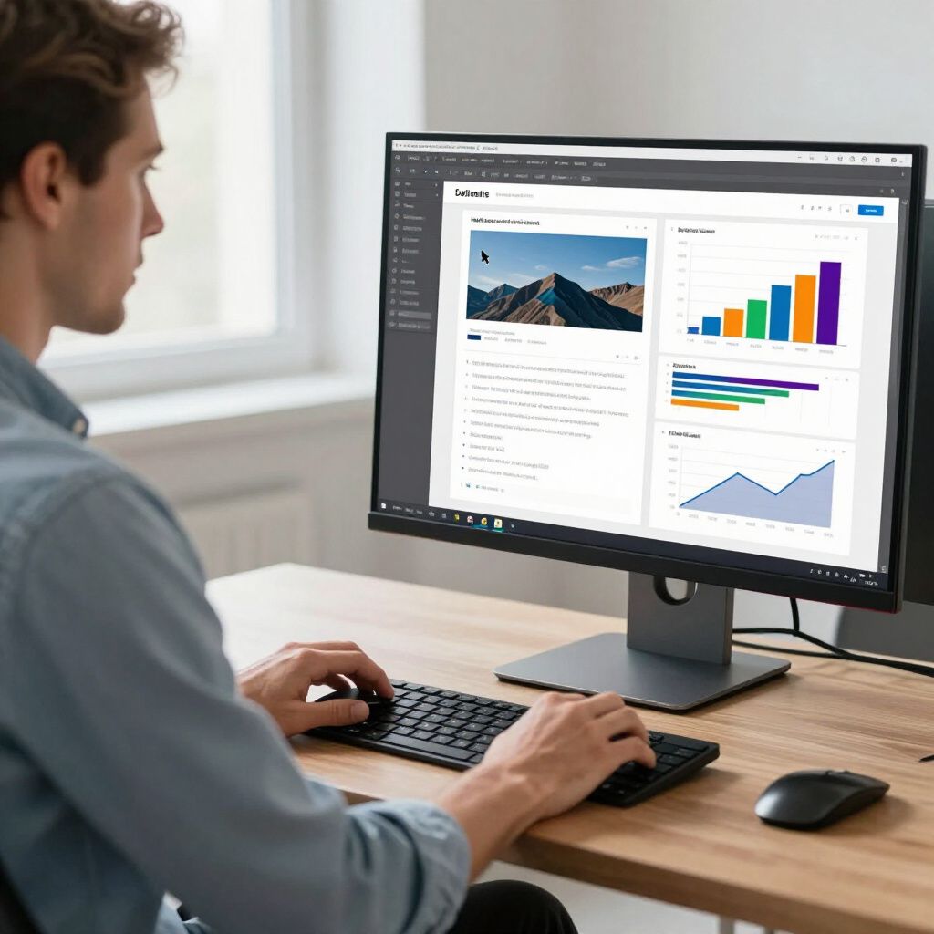 Man using a computer at a desk, viewing a website with charts and a photo of a mountain.