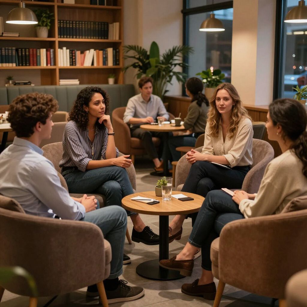 Group of people in casual wear in a cafe having a discussion. Some are holding notebooks.