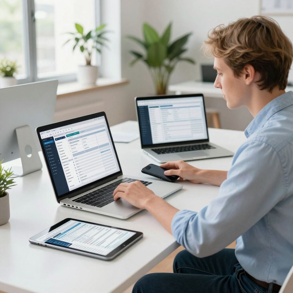 Man at desk using laptop, tablet, and mouse, working indoors, analyzing data.