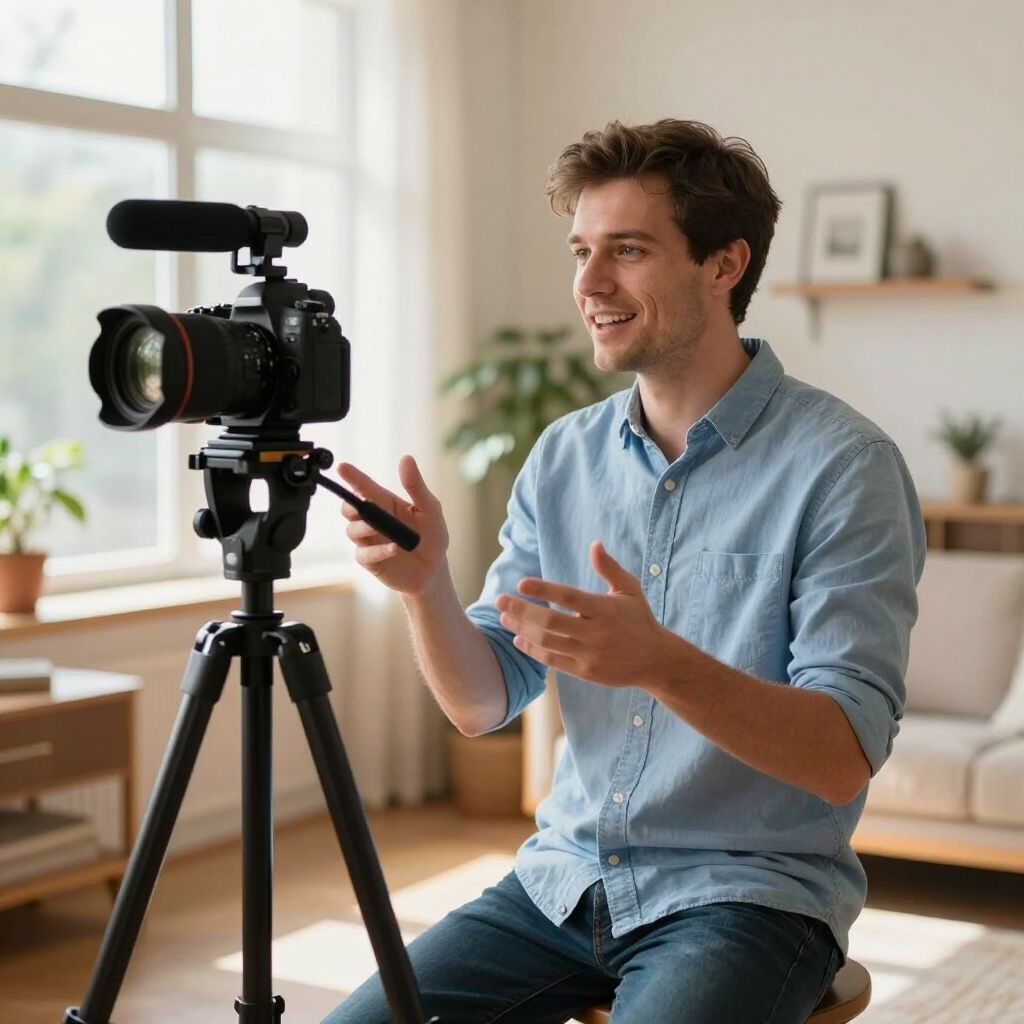 Man sitting, filming with a camera on a tripod, gesturing while speaking.
