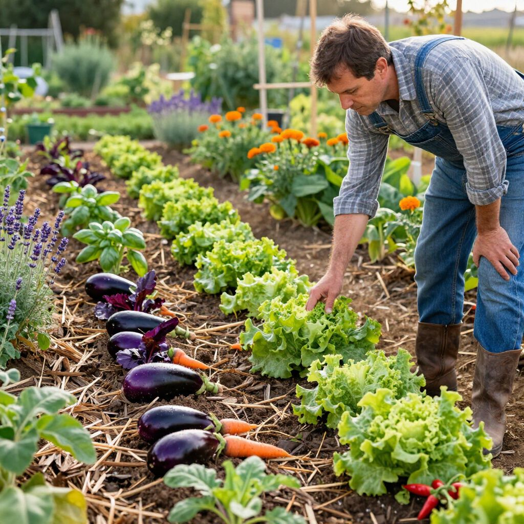 Man tending a lush vegetable garden, inspecting lettuce. Rows of eggplant and carrots in the foreground.