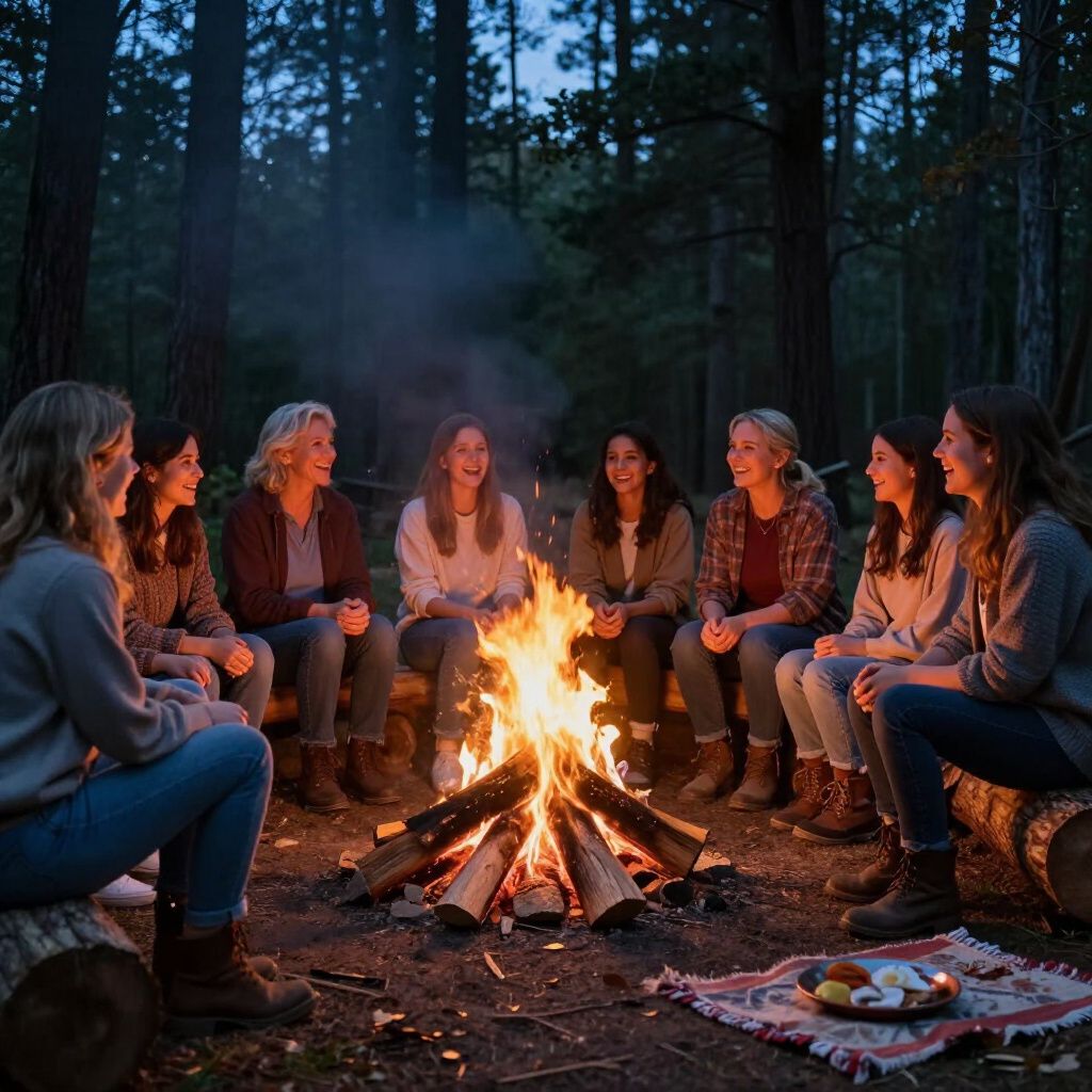 A group sits around a campfire in a forest, conversing. Firelight illuminates their faces and the logs.