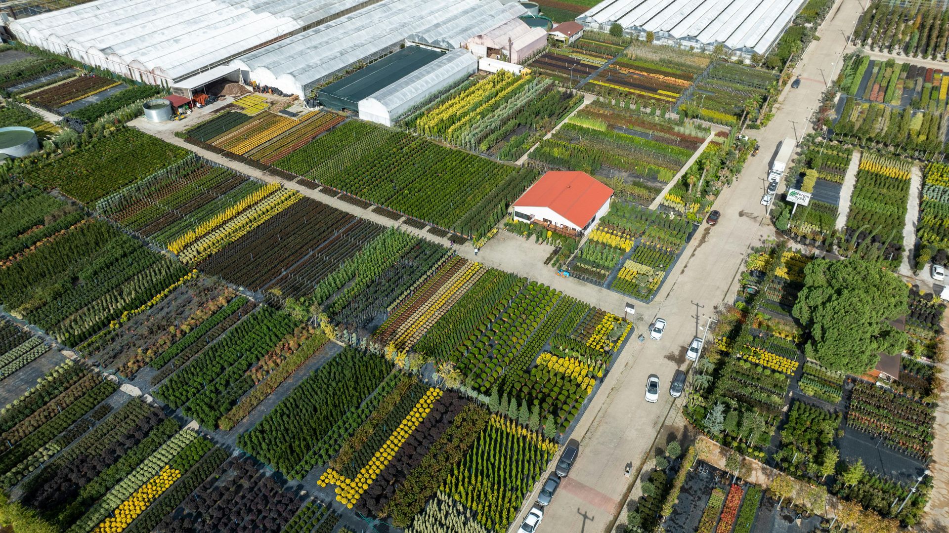 Aerial view of a large plant nursery with rows of various plants, greenhouses, and a red building.