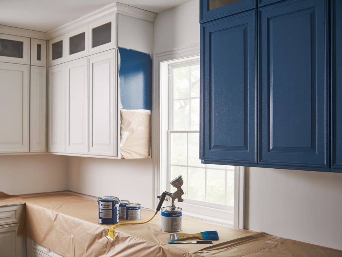 Kitchen cabinets being painted, some white, some blue; paint sprayer, cans, and tools on covered counter.