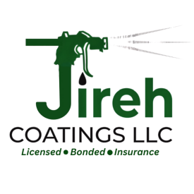 Green spray gun spraying, "Jireh Coatings LLC" logo with "Licensed, Bonded, Insurance" text.