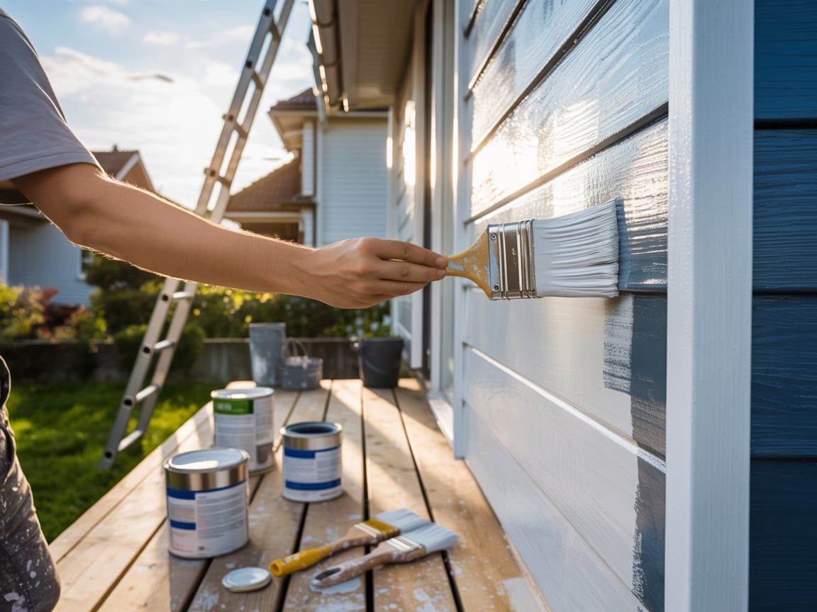 Person painting the exterior of a blue house white with a paintbrush.
