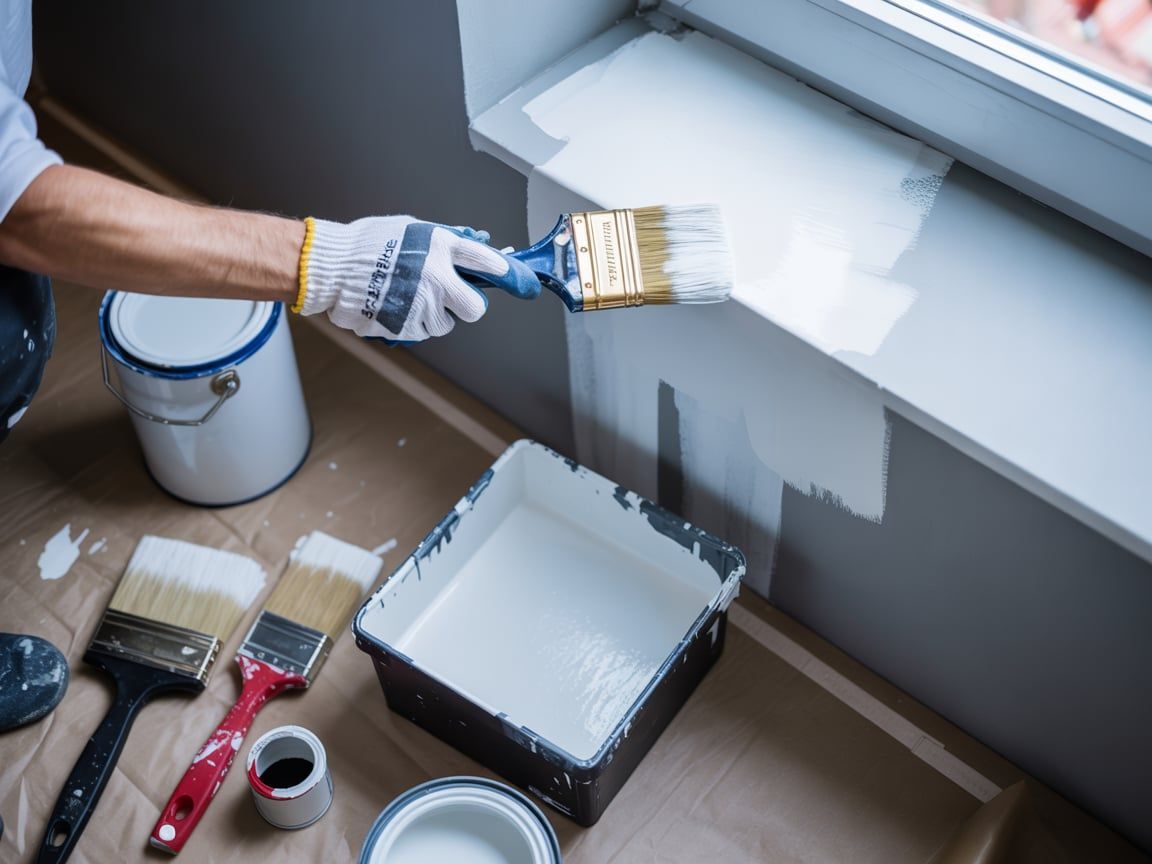 Person painting a white windowsill with a brush. Paint cans and tray nearby.