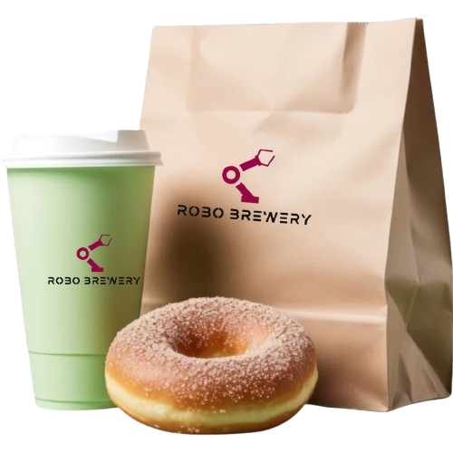 A green coffee cup, donut, and paper bag from Robo Brewery with a logo of a robot arm.