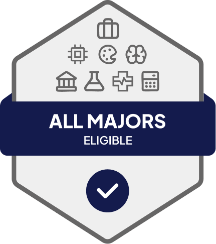 Badge with blue banner: 