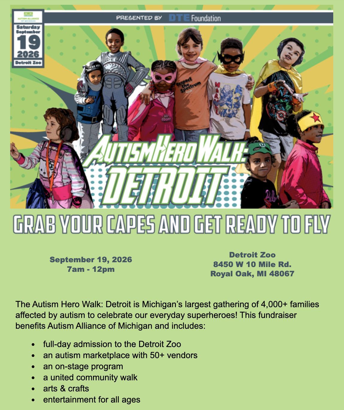 Autism Hero Walk Detroit 2024 poster with costumed kids and “Grab your capes and get ready to fly” text