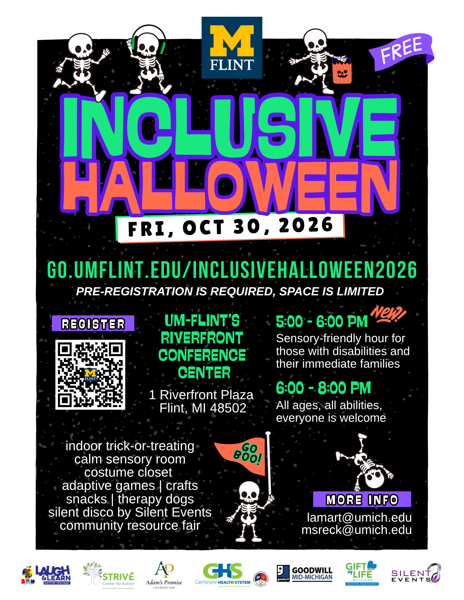 Inclusive Halloween flyer with neon title, dates, QR code, and event details on black background.