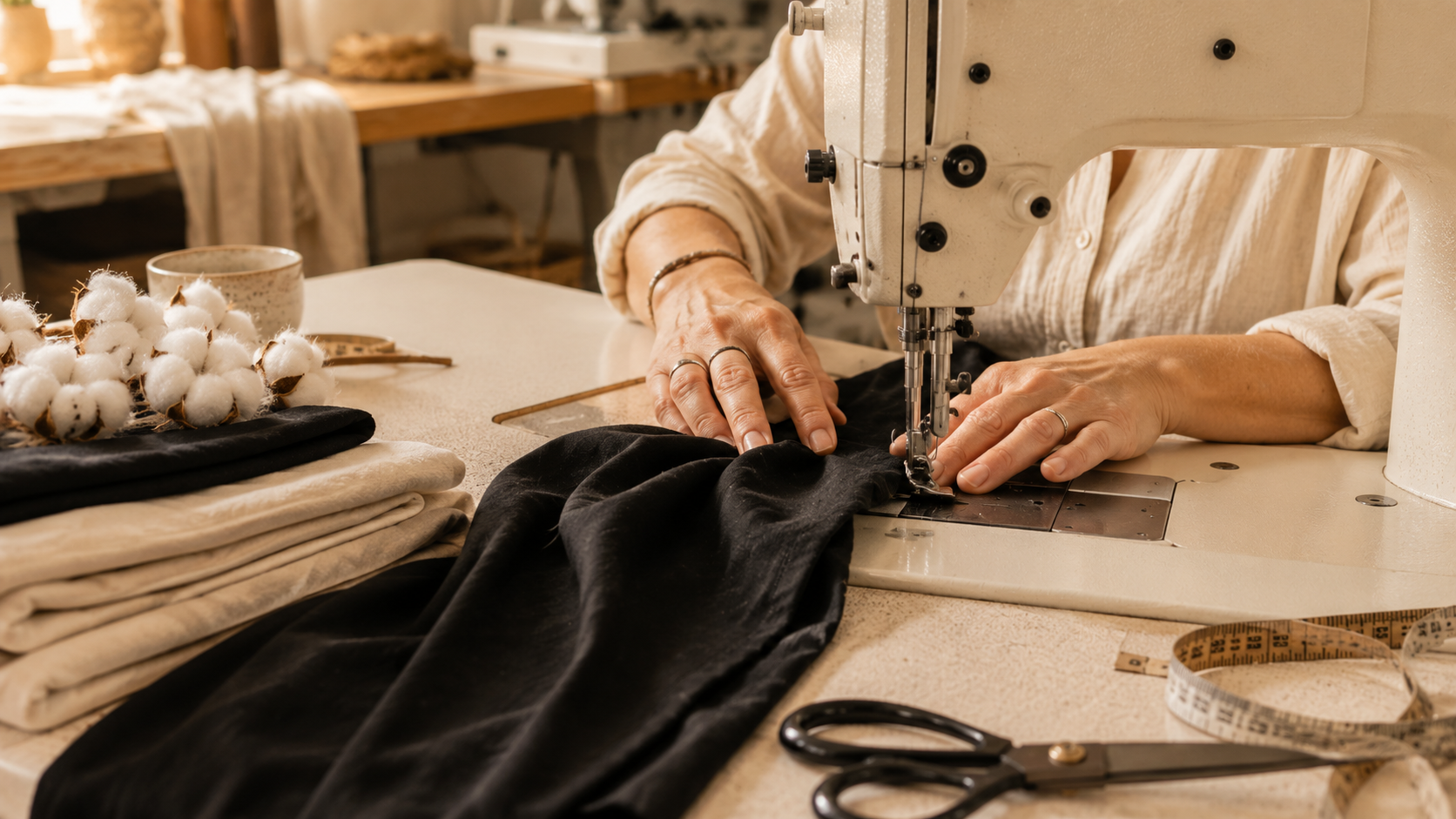 Tailor sewing black fabric at a worktable with scissors and measuring tape nearby
