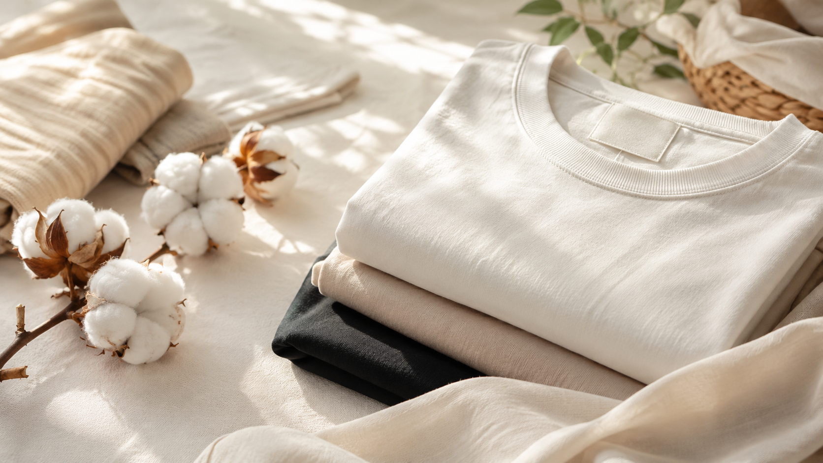 Folded white and black shirts on a beige bedspread beside cotton stems and dried flowers