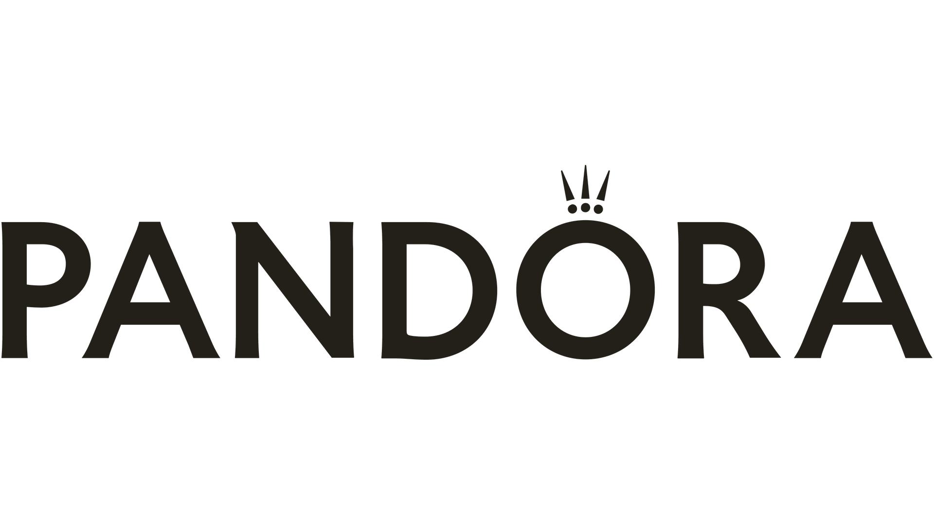Logotip PANDORA v črni barvi s krono nad črko O na belem ozadju
