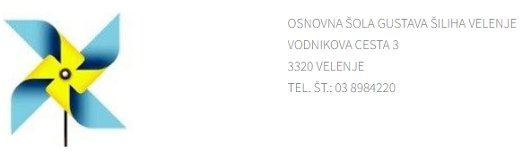 Logotip z modro-rumenim vetrnico poleg bledo sivega besedila za stik z osnovno šolo velenje