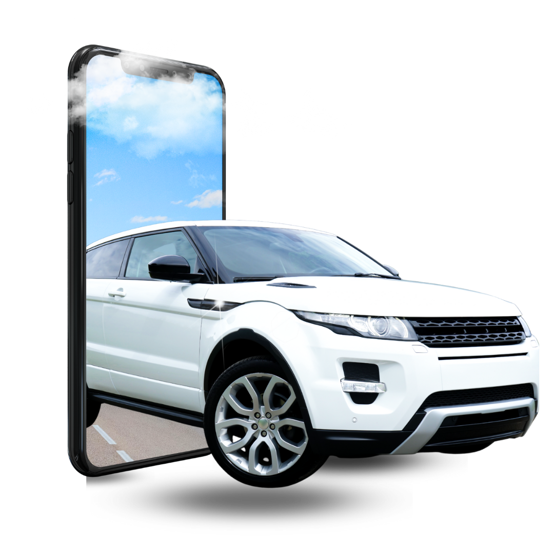 A white car is reflected in the screen of a cell phone.