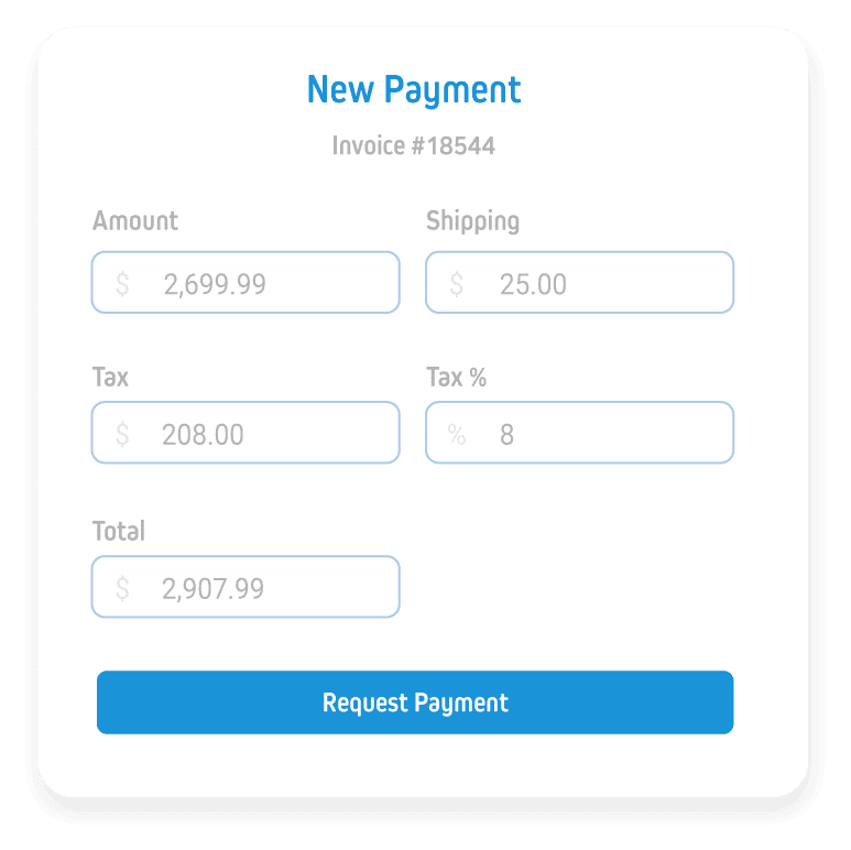 A screenshot of a new payment page with a blue request payment button.