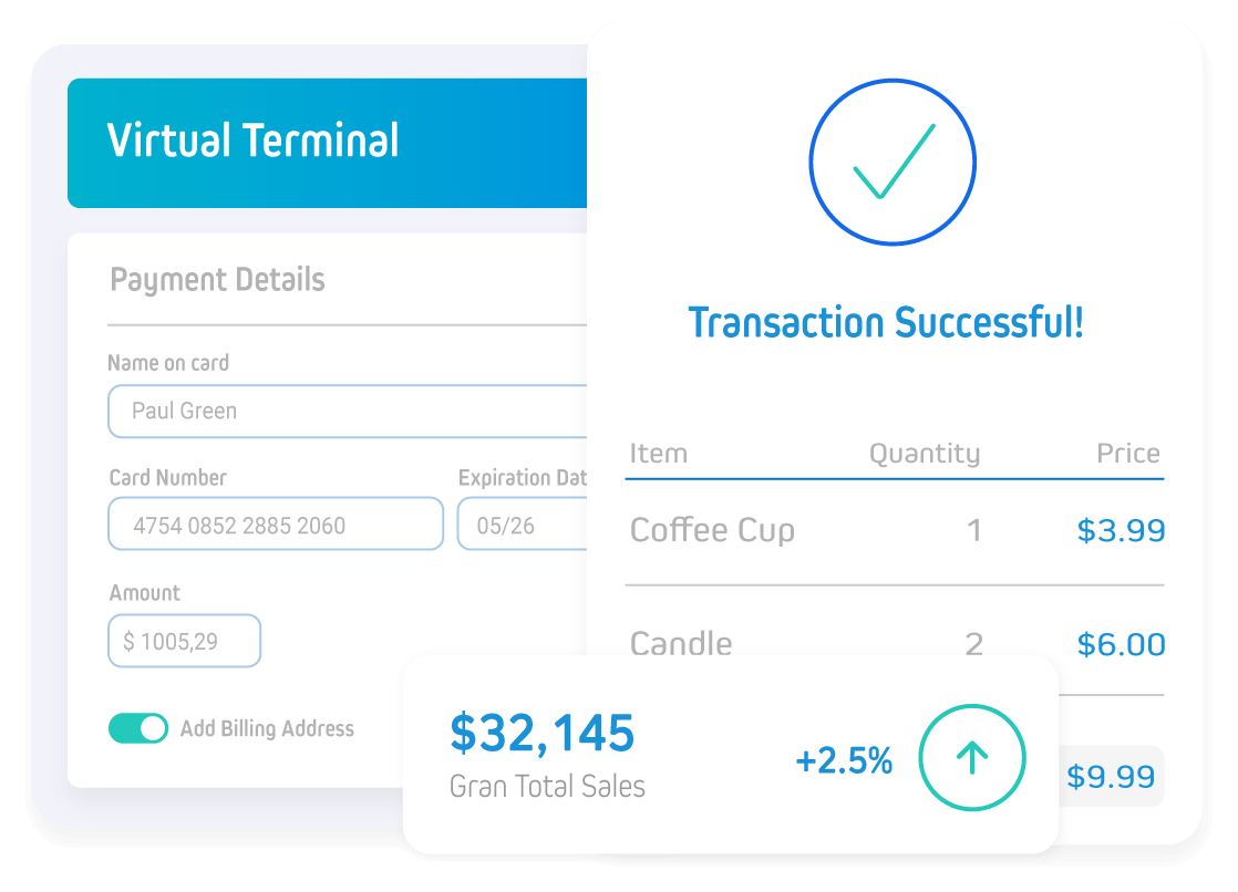A screenshot of a virtual terminal with a transaction successful.