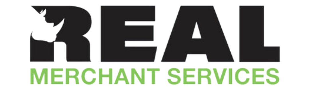 A black and green logo for real merchant services