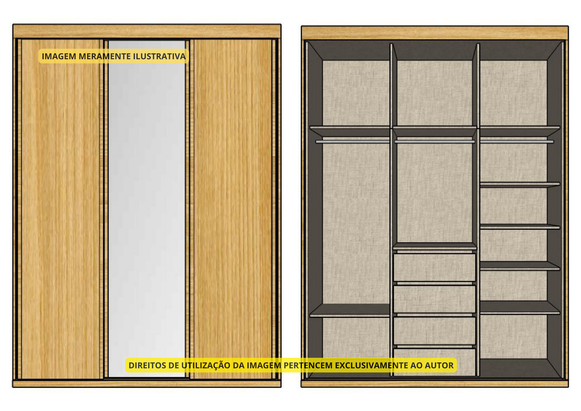 Projeto em 3d de roupeiro por medida para cliente em carvalho e linho com portas de correr em espelho