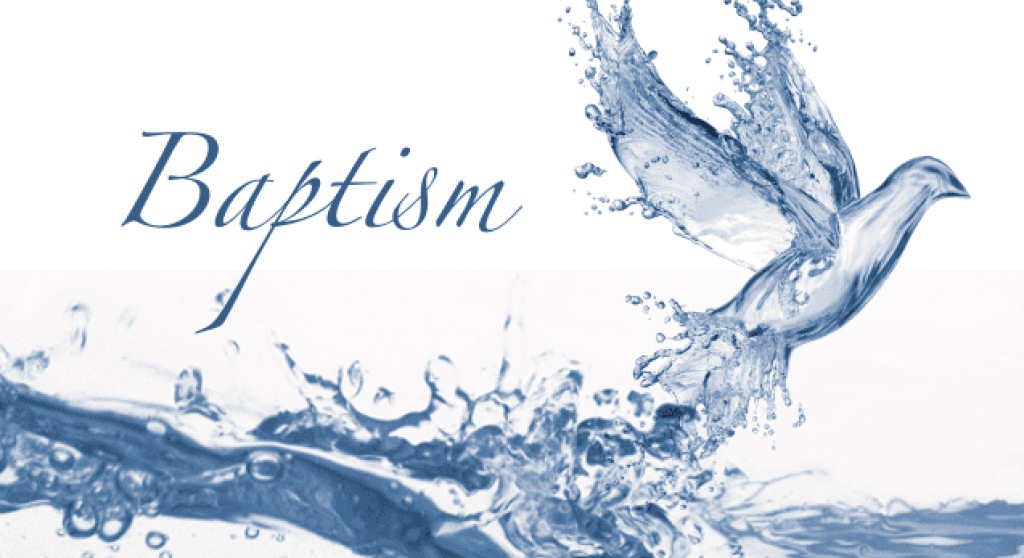 Dove rising from water splash with the word “Baptism” in blue script