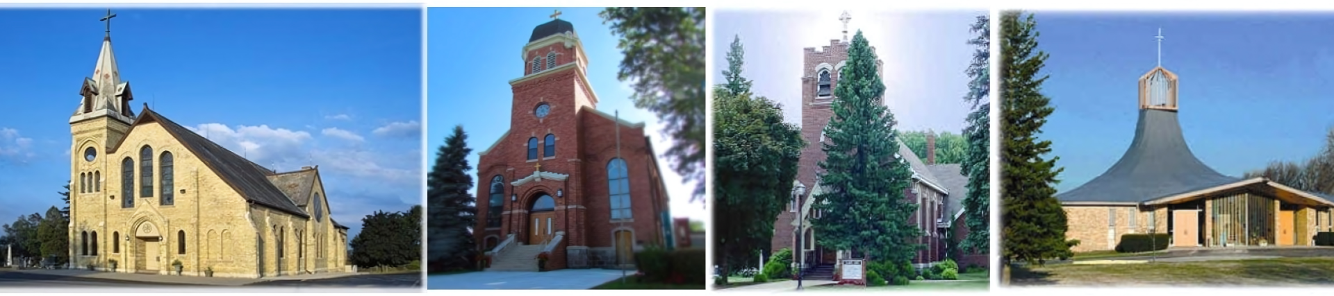 Collage of four church buildings, including a stone church, brick chapel, and wooden churches under blue sky