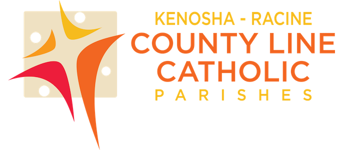 Kenosha-Racine County Line Catholic Parishes logo in orange, gold, and gray with a stylized cross/star.